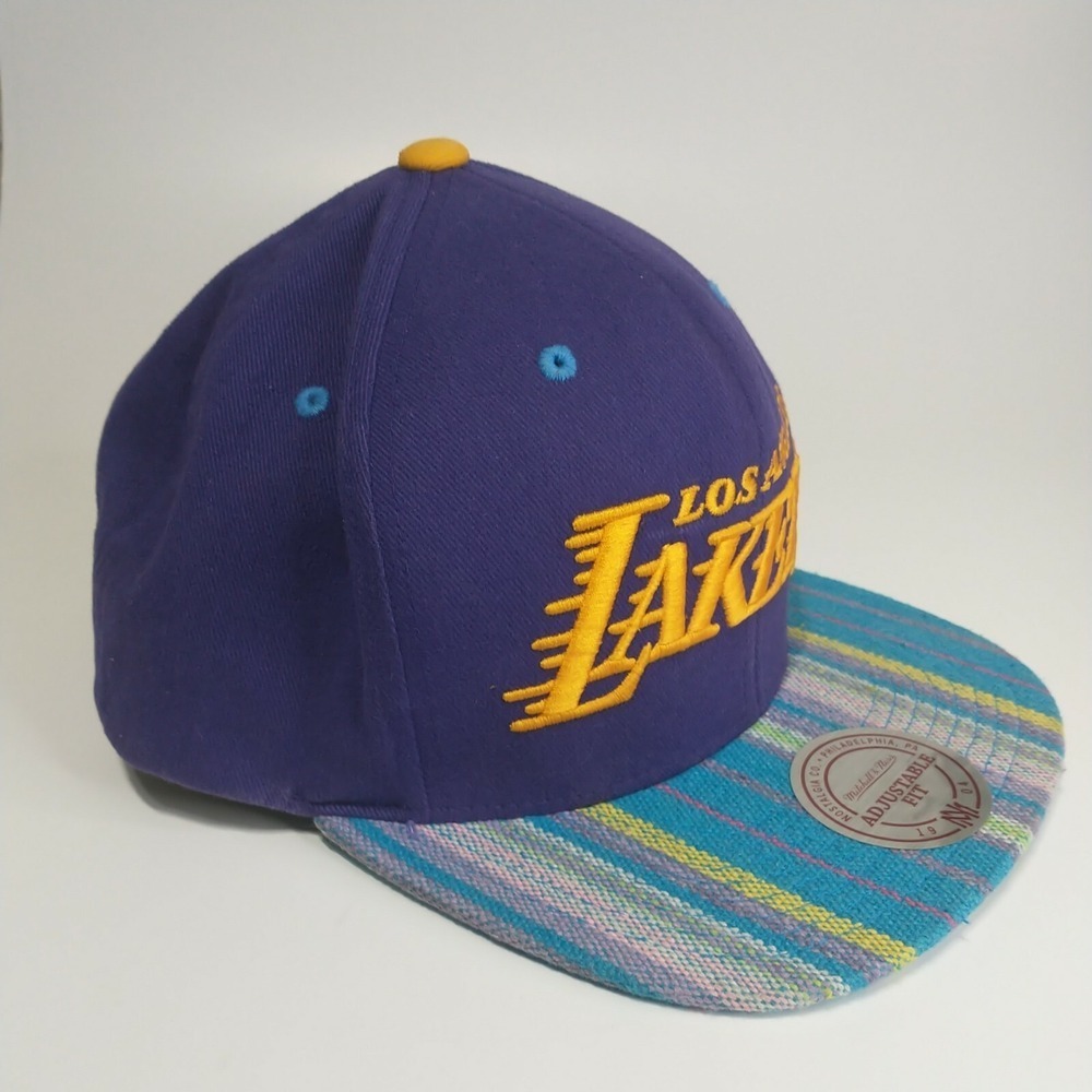 Mitchell & Ness Los Angeles Lakers Snapback Hat Purple Striped Brim NBA Mens - Picture 7 of 12